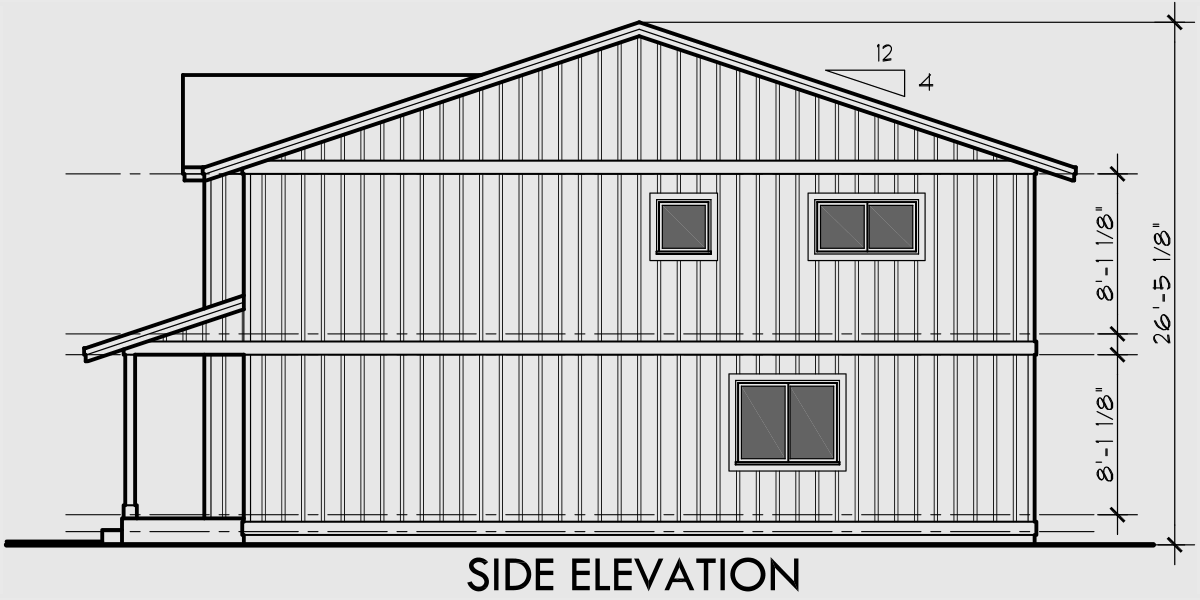 House side elevation view for D-605 Duplex house plan, Row house plan, Open floor plan, D-605