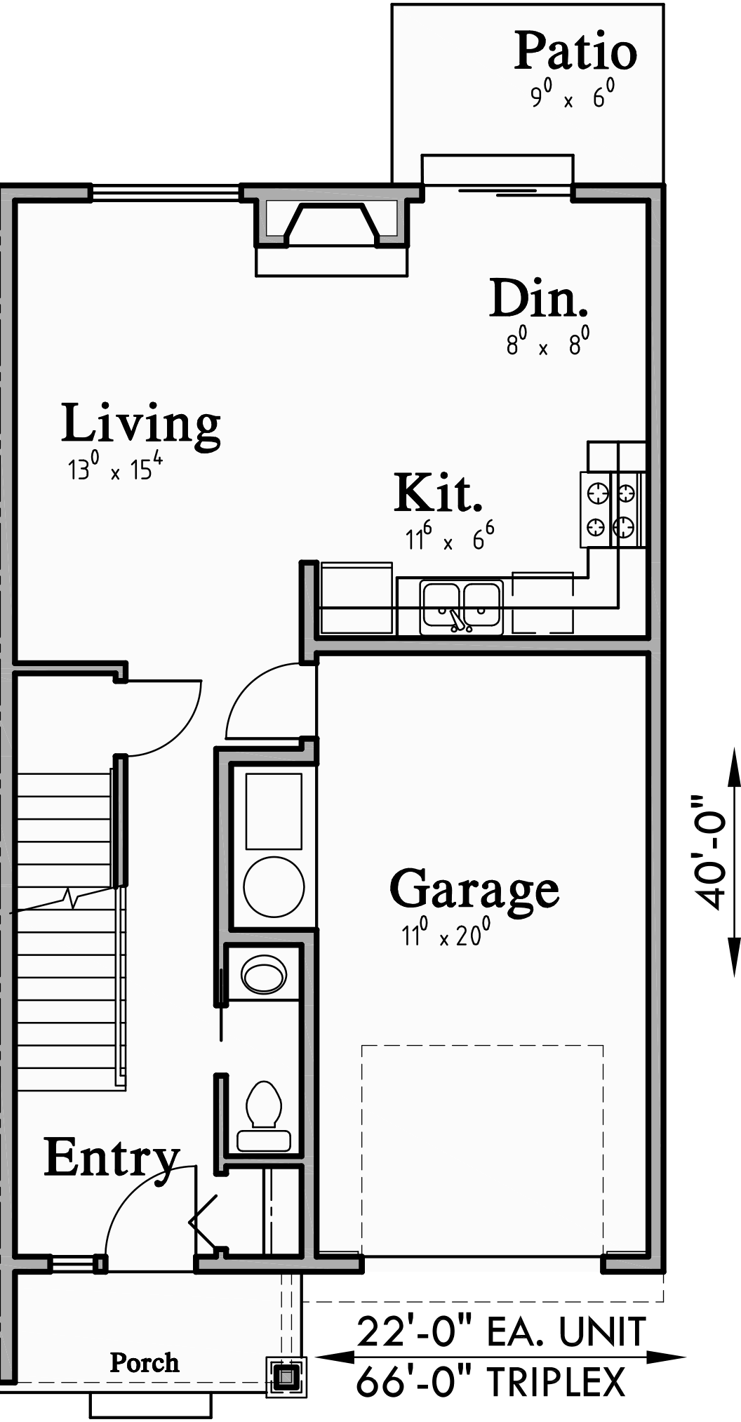 Main Floor Plan for T-417 Triplex plans with basement, row house plans, Open floor plan, T-417