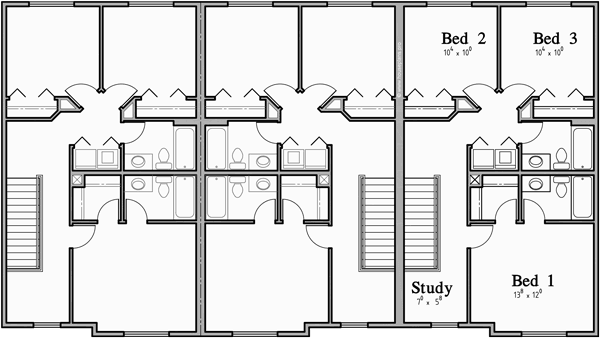 Upper Floor Plan 2 for Triplex plans with basement, row house plans, Open floor plan, T-417