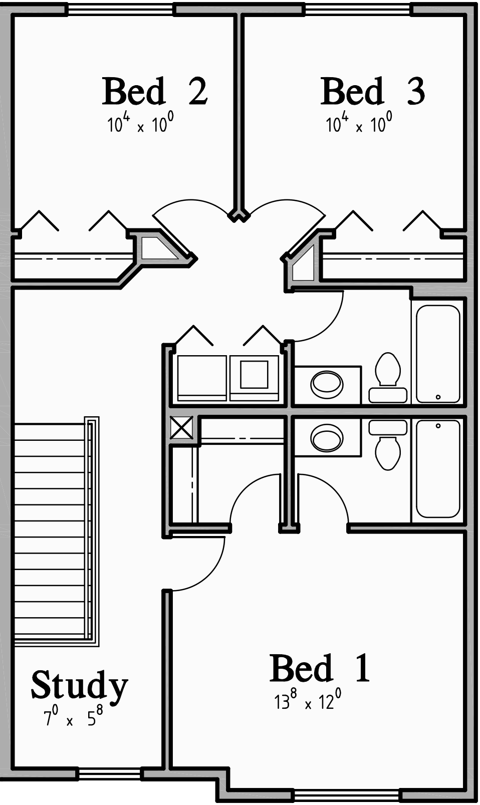 Upper Floor Plan for T-417 Triplex plans with basement, row house plans, Open floor plan, T-417