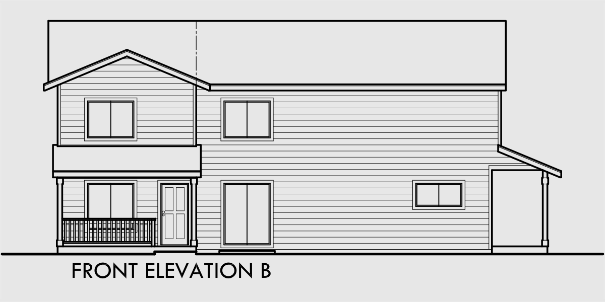 House front drawing elevation view for T-416 Triplex house plans, 2 bedroom 1.5 bath house plans, T-416