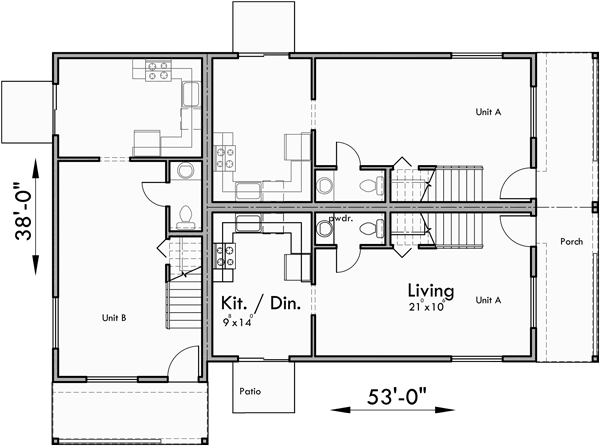 Main Floor Plan for T-416 Triplex house plans, 2 bedroom 1.5 bath house plans, T-416