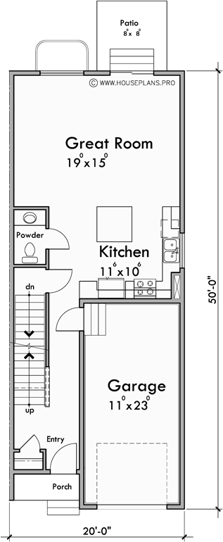 Main Floor Plan for FV-575 5 plex townhouse, with basement, row house plans FV-575