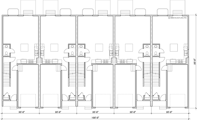 Main Floor Plan 2 for FV-575 5 plex townhouse, with basement, row house plans FV-575