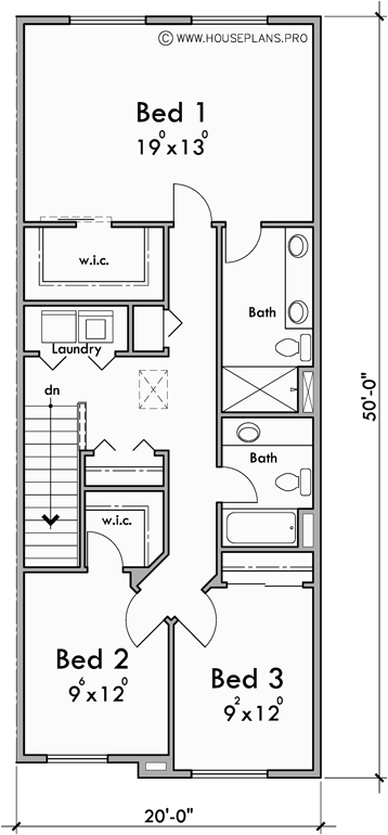 Upper Floor Plan for FV-575 5 plex townhouse, with basement, row house plans FV-575