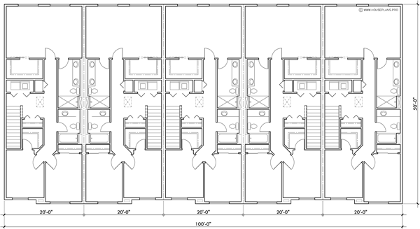 Upper Floor Plan 2 for 5 plex townhouse, with basement, row house plans FV-575