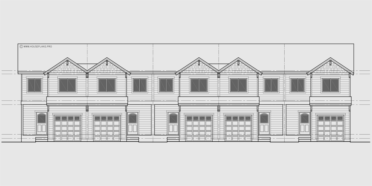 House front drawing elevation view for FV-575 5 plex narrow townhouse, with basement, 20 ft wide row house plans FV-575