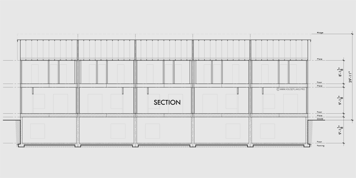 House rear elevation view for FV-575 5 plex narrow townhouse, with basement, 20 ft wide row house plans FV-575