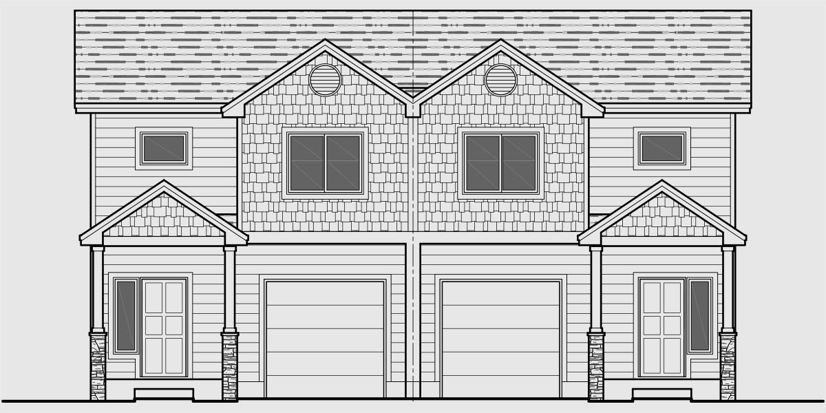 House front drawing elevation view for D-614 Duplex house plans with basement D-614