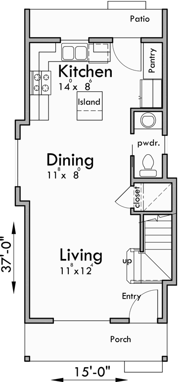 Main Floor Plan for 10188 Skinny single family house with a narrow 15 ft. wide foundation