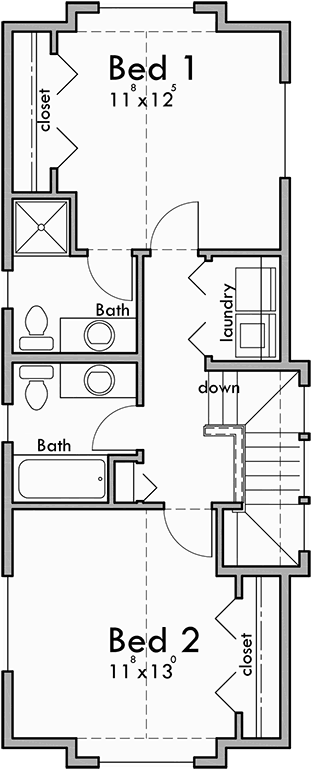 Upper Floor Plan for 10188 Skinny single family house with a narrow 15 ft. wide foundation