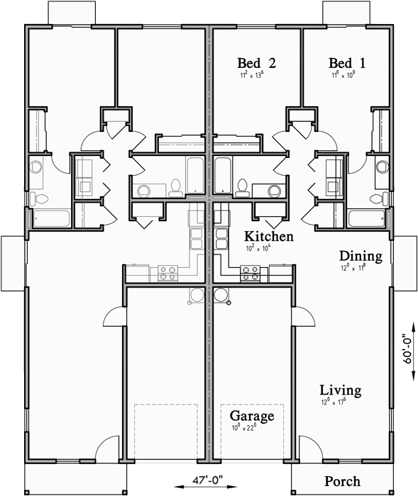 Main Floor Plan for D-619 Designed for Efficient Construction One Story Duplex House Plan D-619