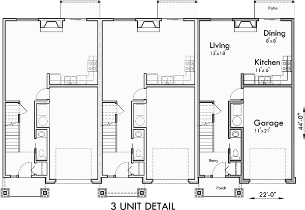 Main Floor Plan 2 for S-732 6 plex, Brownstone, Craftsman Townhouse, S-732