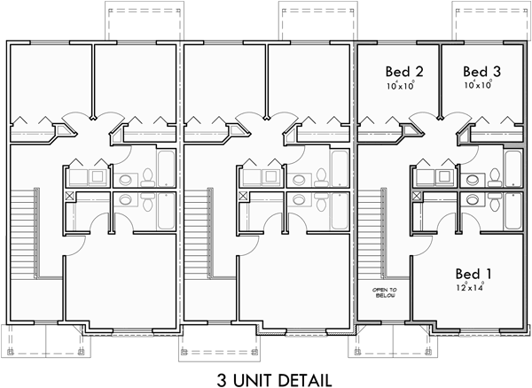 Upper Floor Plan 2 for 6 plex, Brownstone, Craftsman Townhouse, S-732