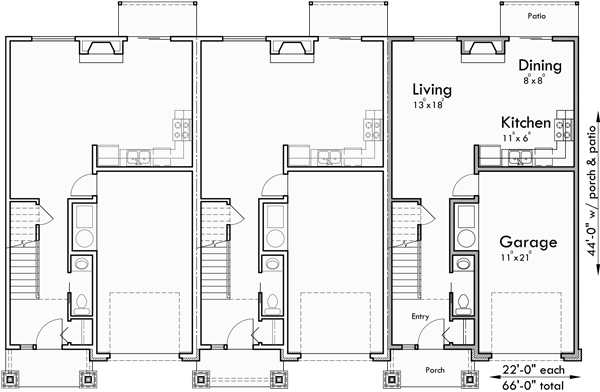 Main Floor Plan for T-419 Triplex, Brownstone, Craftsman townhouse, T-419