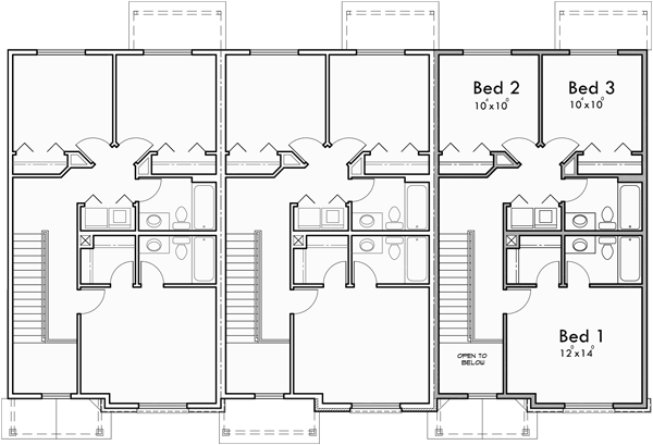 Upper Floor Plan for T-419 Triplex, Brownstone, Craftsman townhouse, T-419