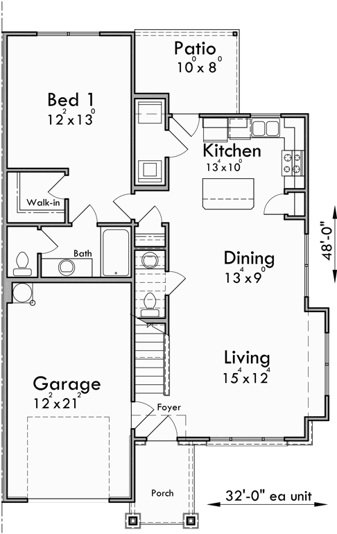 Main Floor Plan for D-624 Modern prairie style, duplex house plan, master bedroom on the main floor