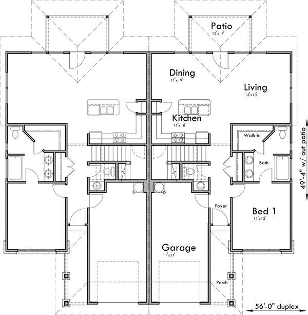 Main Floor Plan 2 for D-625 Modern prairie duplex house plan, 4 bedroom, master on the main floor
