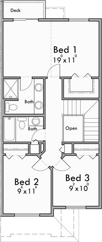 Upper Floor Plan for F-589 Row house style four plex house plan