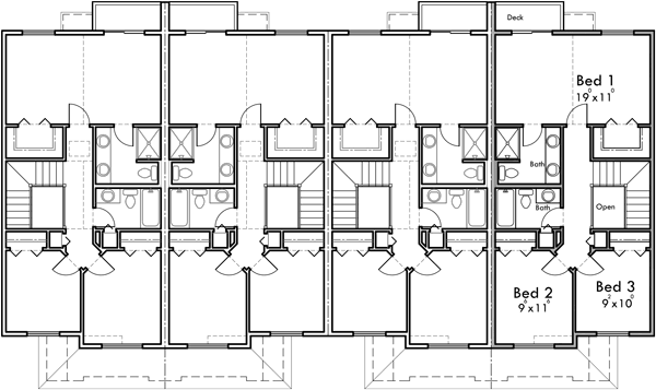 Upper Floor Plan 2 for Row house style four plex house plan