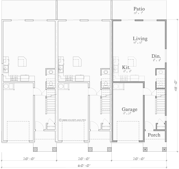 Main Floor Plan for T-425 Triplex house plan
