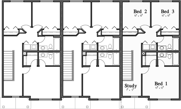 Upper Floor Plan for T-426 Triplex house plan with basement