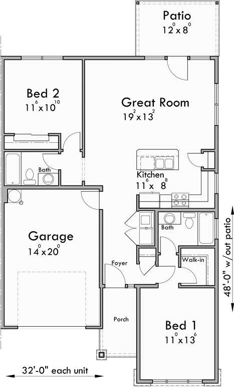 Main Floor Plan for D-630 Modern Prairie Style House Plan - Ranch Duplex