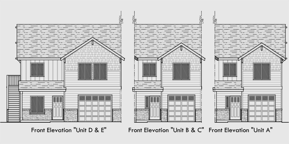 House front color elevation view for FV-580 Five plex town house plan, with ADA accessible, FV-580