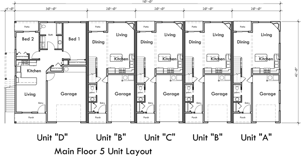 Main Floor Plan 2 for FV-580 Five plex town house plan, with ADA accessible, FV-580