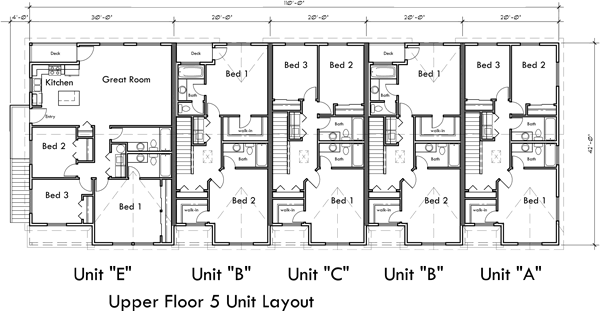 Upper Floor Plan 2 for Five plex town house plan, with ADA accessible, FV-580
