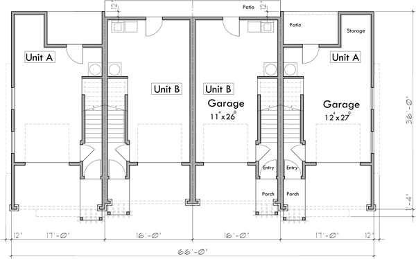 Lower Floor Plan 2 for Four Plex House Plan: 2 & 3 Bedroom Plans F-587