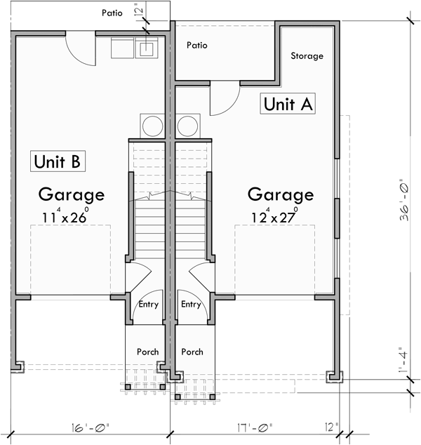 Lower Floor Plan for T-424 Triplex house plan 2 and 3 bedroom plans T-424