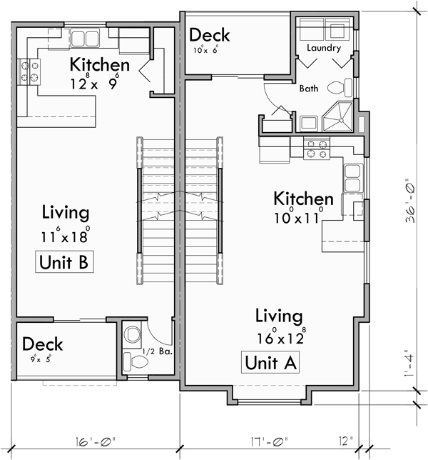 Main Floor Plan for T-424 Triplex house plan 2 and 3 bedroom plans T-424