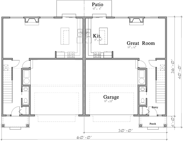 Main Floor Plan 2 for D-638 Duplex House Plan with Two Car Garage D-638