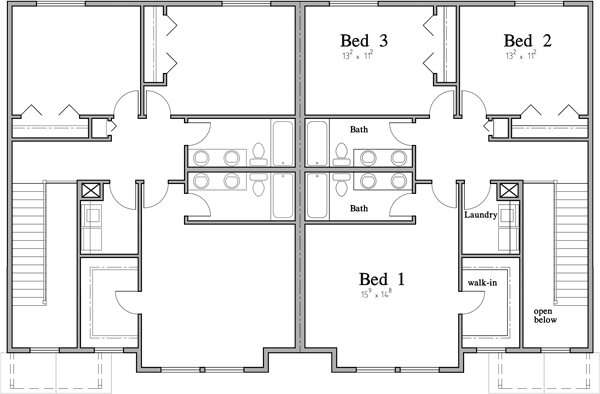 Upper Floor Plan 2 for Duplex House Plan with Two Car Garage D-638