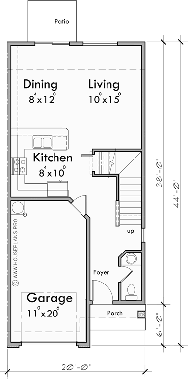 Main Floor Plan for D-626 Duplex house plan with brick veneer at garage D-626