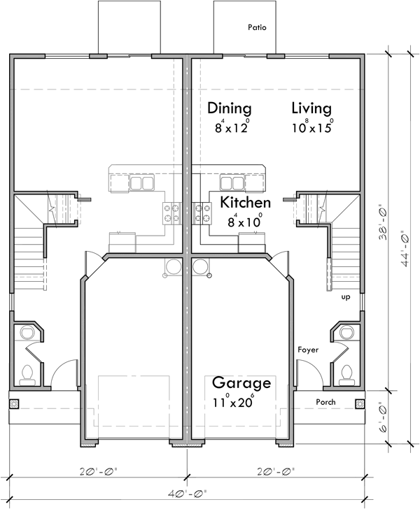 Main Floor Plan 2 for D-626 Duplex house plan with brick veneer at garage D-626