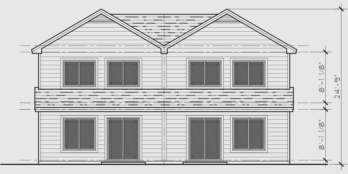 House side elevation view for D-626 Duplex house plan with brick veneer at garage D-626