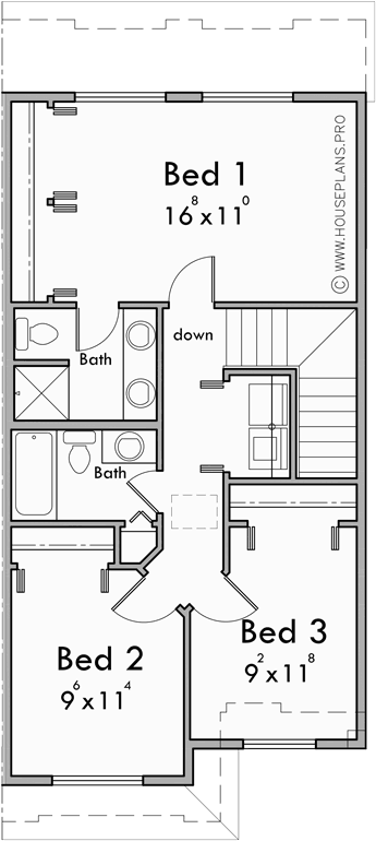 Upper Floor Plan for D-626 Duplex house plan with brick veneer at garage D-626