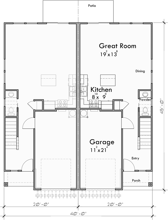 Main Floor Plan for D-640 3 Bedroom Duplex House Plan for Warmer Climates