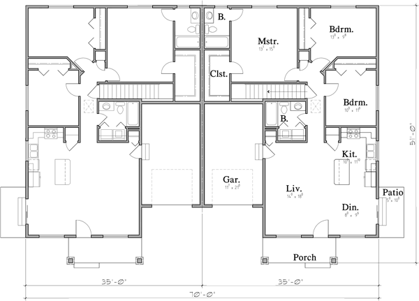 Main Floor Plan 2 for D-628 Ranch Duplex House Plan With Basement