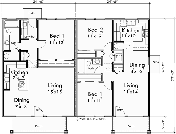Main Floor Plan for F-596 One level 4 unit multi plex F-596