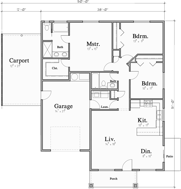 Main Floor Plan for D-645 Single Story Duplex House Plan: 3 Bedroom, 2 Single Car Garages, & a Carport D-645