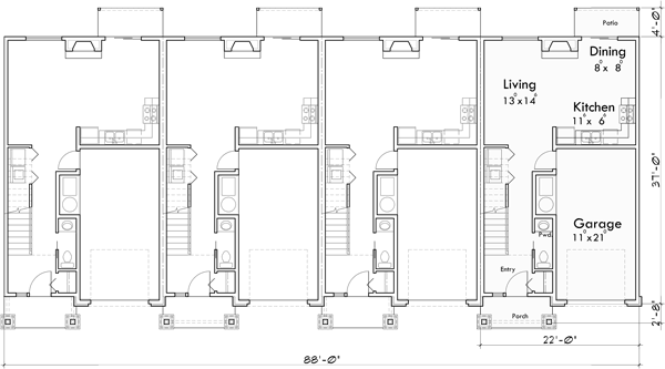 Main Floor Plan 2 for F-597 Four plex house plan brownstone F-597