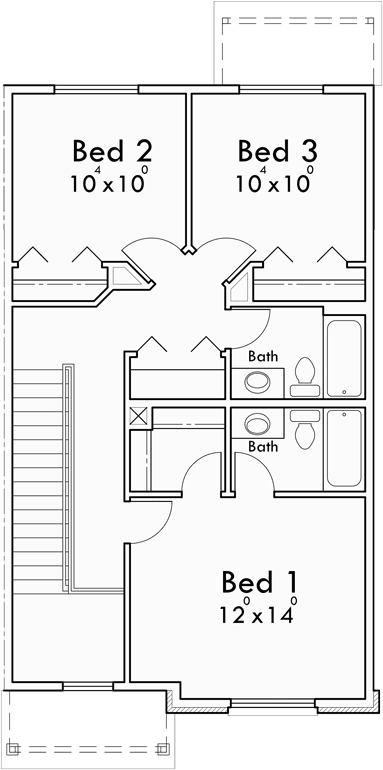 Upper Floor Plan for F-597 Four plex house plan brownstone F-597