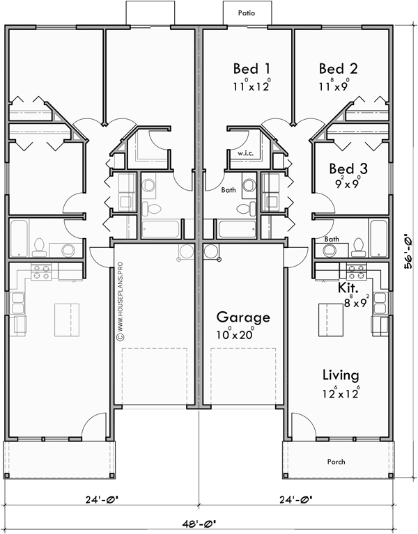 Main Floor Plan for D-652 Narrow Duplex House Plan With Garage in Middle - 3 Bedrooms & 2 Baths
