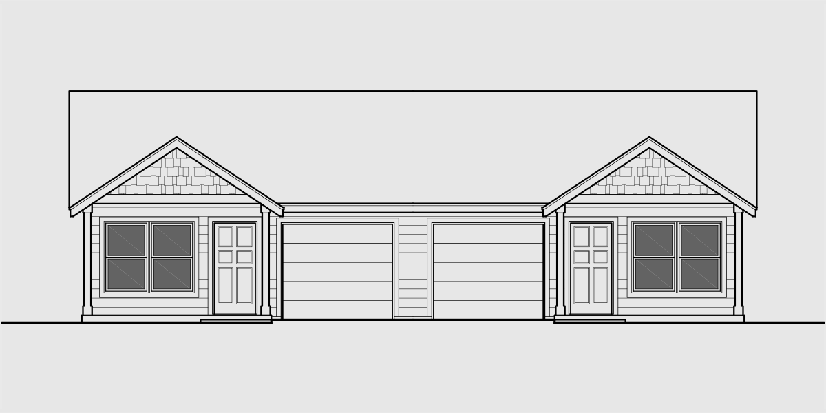House front drawing elevation view for D-652 Narrow Duplex House Plan With Garage in Middle