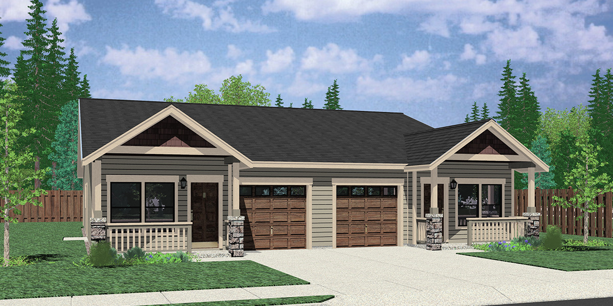 D-652 Narrow Duplex House Plan With Garage in Middle - 3 Bedrooms & 2 Baths