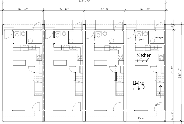 Main Floor Plan 2 for F-595 Narrow Fourplex House Plan