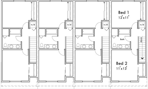 Upper Floor Plan 2 for Narrow Fourplex House Plan